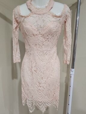 Chic Long Sleeve Lace Dress in Soft Pink